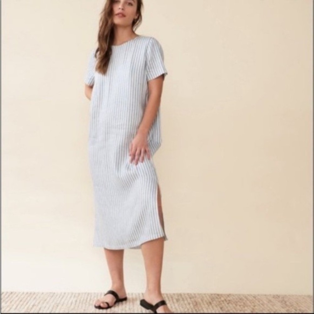 Jenni Kayne Blue White Striped Linen Shift Midi Dress Womens Size Medium NEW